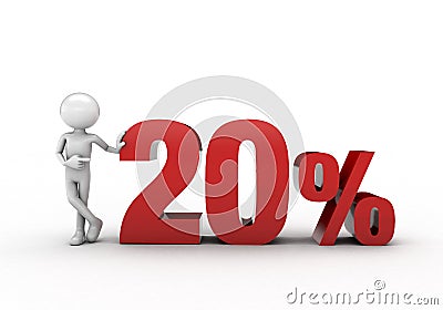 3D character with 20% discount sign Stock Photo