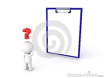 3D Character doesn`t know what to write on clipboard Stock Photo