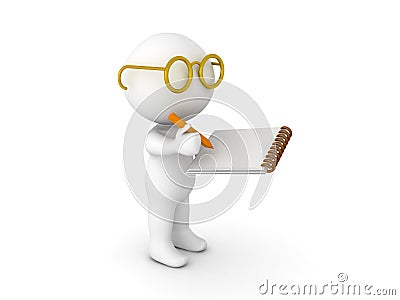 3D Character dressed as researcher writing on notepad Stock Photo