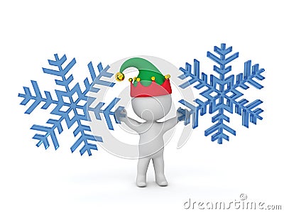 3D Character with Elf Hat Holding Large Snowflakes Stock Photo