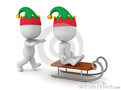 3D Character with Elf Hat Pushing another 3D Character on a Sled Stock Photo