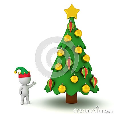 3D Character with Elf Hat Showing a Decorated Christmas Tree Stock Photo