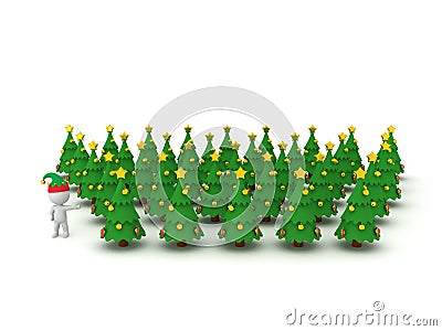 3D Character with Elf Hat Showing Many Christmas Trees Stock Photo