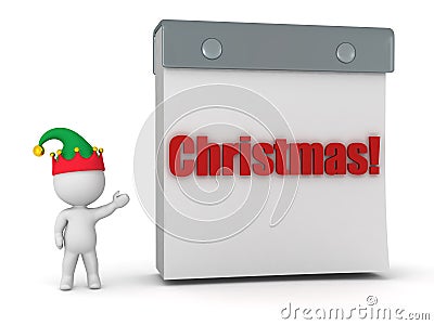 3D Character with Elf Hat Showing Tare Off Calendar with Christmas Text Stock Photo