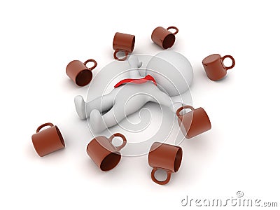 2305 3D Character exausted after work with many mugs of coffee around Stock Photo