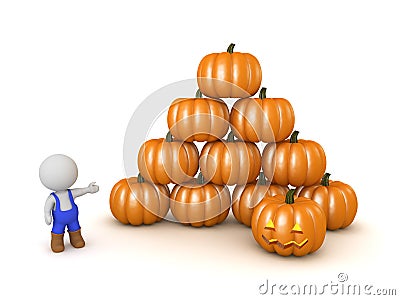 3D Character in Farmers Overalls Showing a Stack of Halloween Pumpkins Stock Photo