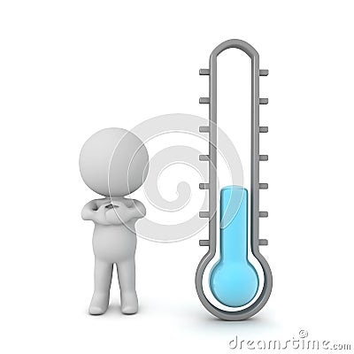 3D Character is freezing next to a thermometer showing cold temperature Stock Photo