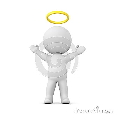 3D Character with a gold halo above his head with his arms raise Stock Photo