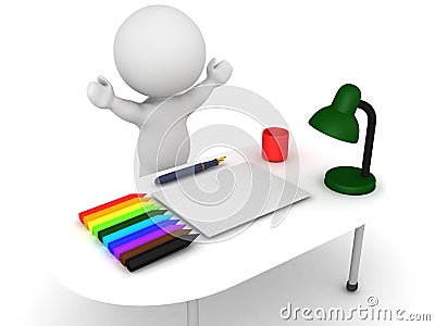 3D Character happy that his desk neat clean and organized Stock Photo