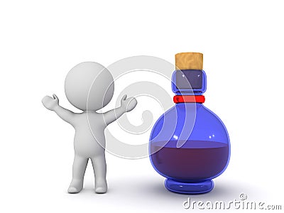 3D Character is happy next to potion bottle Stock Photo