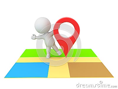 3D Character hiding behind location pin on map Stock Photo