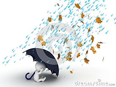 3D Character hiding under umbrella from wind and rain Stock Photo