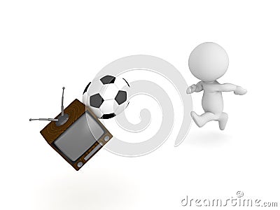 3D Character hitting tv with football soccer ball Stock Photo