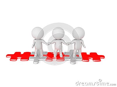 3D Character holding hands and standing on red white puzzle piece walk way Stock Photo