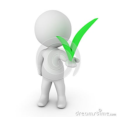 3D Character holding in his hand a green check mark Stock Photo