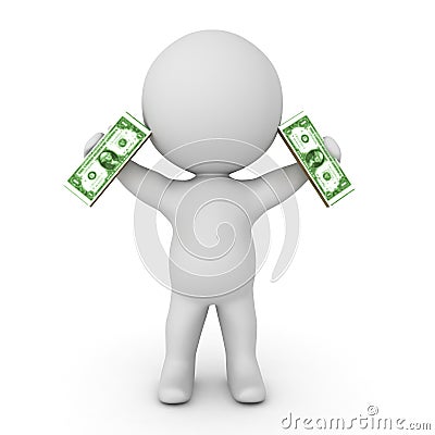 3D Character holding one dollar bill notes in his hands Stock Photo