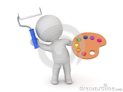 3D Character holding painter palette and holding paint roller Stock Photo