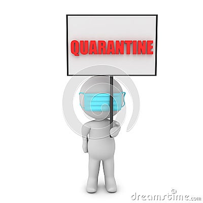 3D Character holding sign which says QUARANTINE Stock Photo