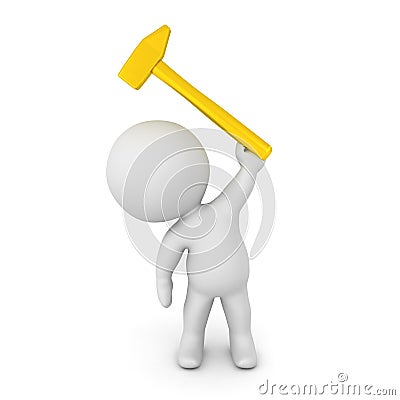 3D Character holding up a golden hammer Stock Photo