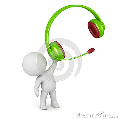 3D Character Holding Up a Large Pair of Headphones with Microphone Stock Photo
