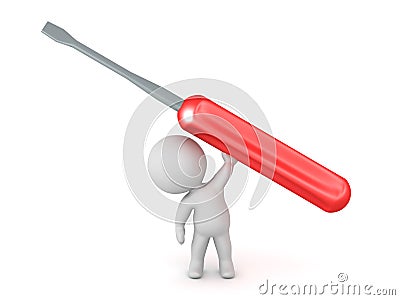 3D Character Holding Up a Large Screwdriver Stock Photo