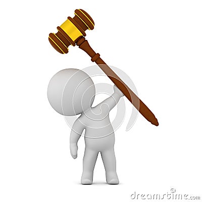 3D Character Holding Up Large Wood and Gold Gavel Stock Photo