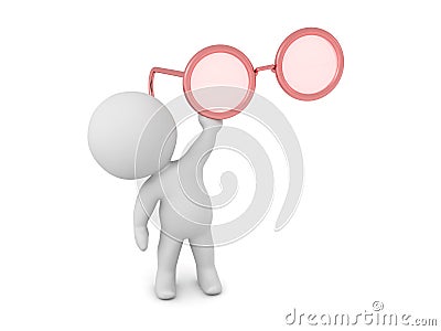 3D Character Holding Up a Pair of Rose Pink Tinted Glasses Stock Photo