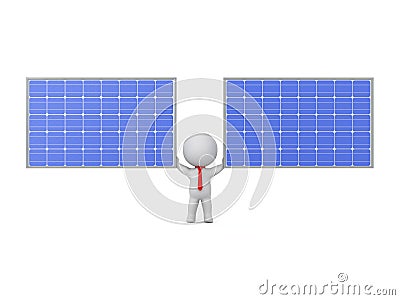 3D Character Holding Up Two Solar Panels Stock Photo