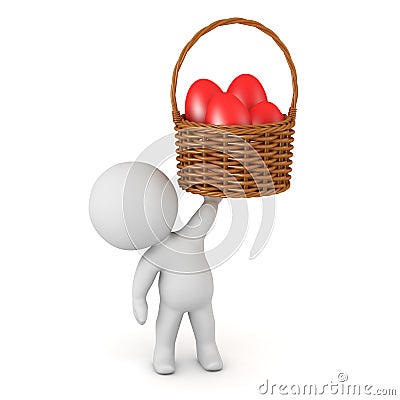 3D Character Holding Up a Wicker Basket with Easter Eggs Stock Photo