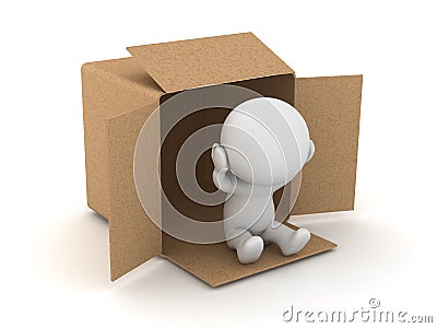 3D Character is homeless and lives in a cardboard box Stock Photo