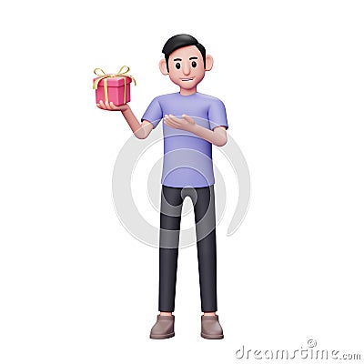 Casual man showing a small valentine gift he is holding with his right hand Cartoon Illustration