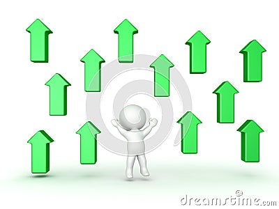 3D Character jumping and being surrounded by green up arrows Stock Photo