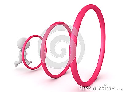 3D Character jumping through increasingly larger red hoops Stock Photo