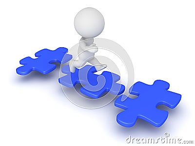 3D Character jumping from puzzle piece to puzzle piece Stock Photo