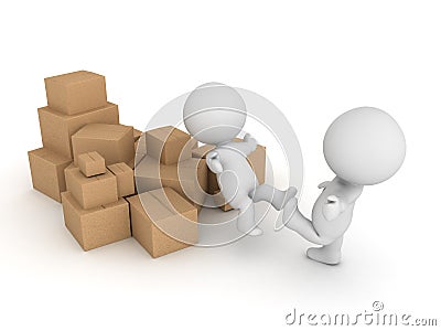 3D Character kicked into a pile of cardboard boxes Stock Photo