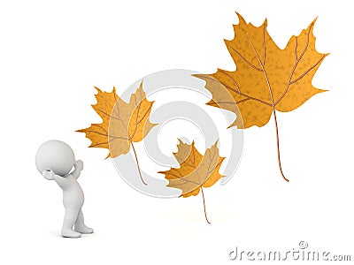 3D Character and Large Autumn Leaves Stock Photo