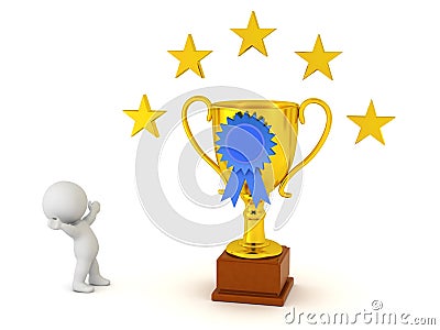 3D Character and Large Gold Trophy with Blue Ribbon and Stars Stock Photo