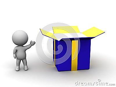 3D Character and Large Open Gift Box Stock Photo