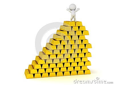 3D Character with Large Stack of Gold Bars Stock Photo