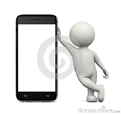 3D Character Leaned on a Blank Display Smartphone Stock Photo