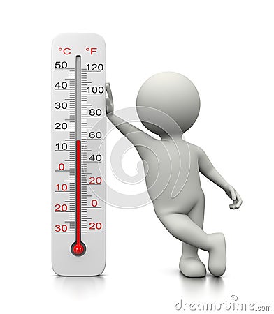 3D Character Leaned on a Thermometer Stock Photo
