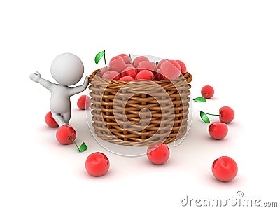 3D Character leaning on basket full of cherries Stock Photo