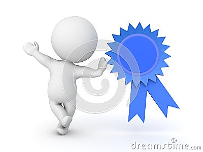 3D Character leaning on blue award ribbon Stock Photo