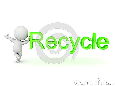 3D Character leaning on green recycle text Stock Photo
