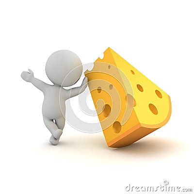 3D Character leaning on a piece of cheese Stock Photo