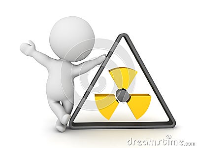 3D Character leaning on radioactive logo Stock Photo