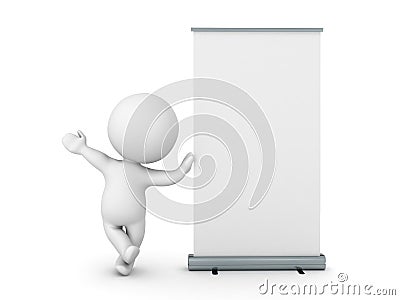 3D Character leaning on roll up banner Stock Photo