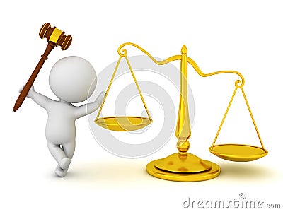 3D Character leaning on scales of justice and holding gavel Stock Photo