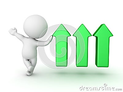 3D Character leaning on three green arrows pointing up Stock Photo