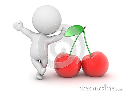 3D Character leaning on two cherries Stock Photo